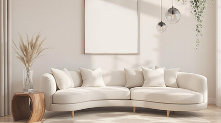 living room interior mockup with curved sofa wooden side table dried grass and abstract wall art for modern home styling and visuals