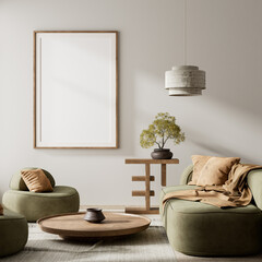 Japandi style interior design with wooden furnitures and raw materials. Mocuk up poster frame in  Japandi style interior. 3D illustration © Salih