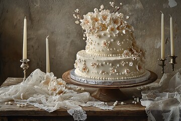 An intricately designed wedding cake topped with delicate edible flowers and pearls, displayed on a wooden table adorned with lace and candles, ready for a joyous celebration.