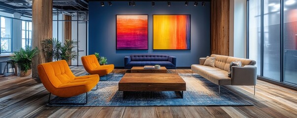 Modern lounge with vibrant artwork, comfortable seating, and wooden accents