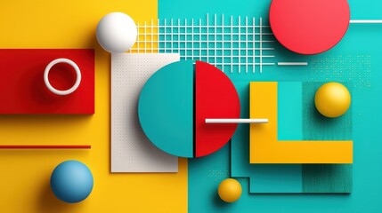 Naklejka premium Dynamic geometric shapes creative studio abstract art bold colors aerial view modern design concepts