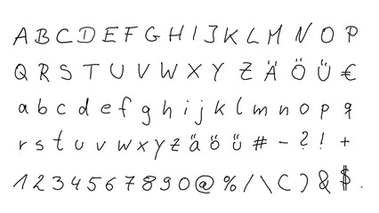 Set of hand drawn alphabet with letters, numbers and special umlaut characters for german language