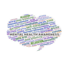 Colorful Mental Health Awareness word cloud collage in variety of fonts to being awareness to Mental Health Awareness Month and World Mental Health Day.