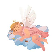 Sleeping cupid or love angel with arrow. Vector romantic holiday card or valentine s day greeting symbol. Eros with wings or cartoon amor for wedding or relationship emblem. Loving sentiment baby