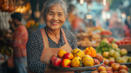 Fototapeta premium A street vendor smiling warmly, holding a tray of colorful fruit