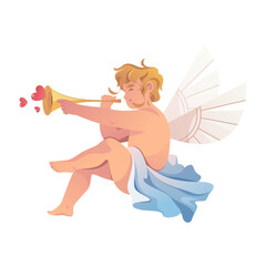 Love angel playing trumpet song for valentines day greeting. Vector marriage and wedding card cupid element. Poster with eros for romantic holiday or festive. Loving celebration, relationship sign.
