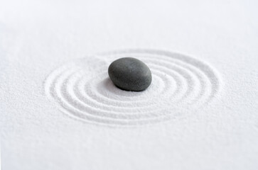 Zen Garden with Grey Stone on White Sand Line Texture Background,Japanese Garden Black Rock Sea...