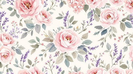 Seamless Watercolor Pattern with Blush Roses and Lavender Wildflowers