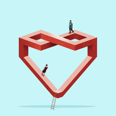A man and a woman search for each other in an optical illusion in the shape of a heart. Art collage.