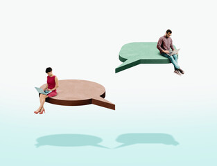A man and a woman are sitting on a dialog boxes. Art collage.