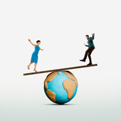 A man and a woman stand on different ends of the balance beam. Art collage.