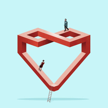 Fototapeta A man and a woman search for each other in an optical illusion in the shape of a heart. Art collage.