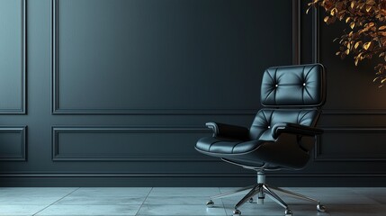 Fototapeta premium Elegant Black Chair Against Dark Wall with Stylish Decor Elements