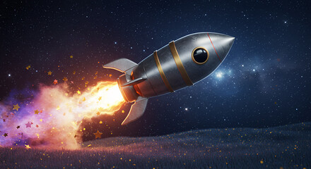 Retro Rocket Launching into Starry Night Sky with Sparkling Trail