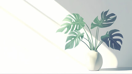 A vase with a plant in it on a white table. Leafshadow. Illustration