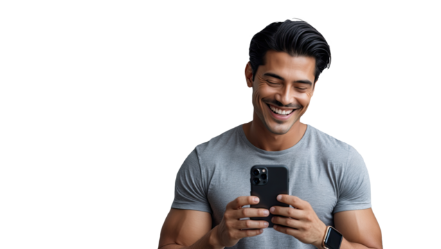 Happy Man Using Smartphone with Smartwatch on Transparent Background