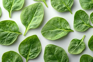 Obraz premium Fresh spinach leaves arranged on a light background, showcasing their texture and color.