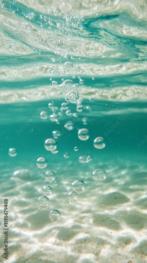 Poster underwater photography showcasing air bubbles floating towards the surface in turquoise water, creat