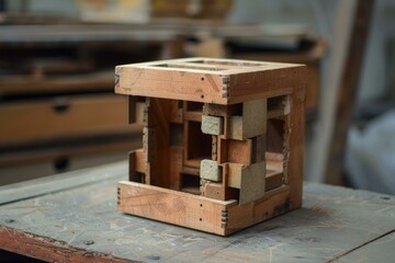 Intricate wooden cube showing tenon and mortise joints sitting on a workbench