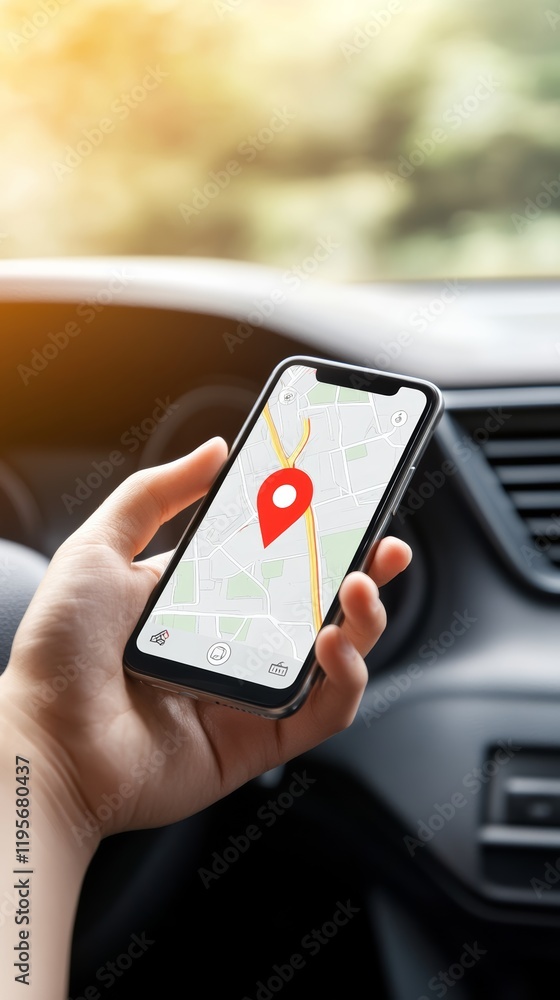 Poster hand holding smartphone with a navigation app open, displaying a detailed map and location pin while