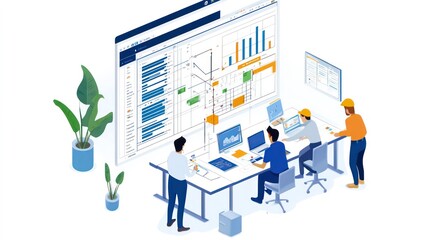 a photo realistic image of scheduling managers optimizing the construction schedule, with project timeline adjustments, scheduling software interface, team collaboration