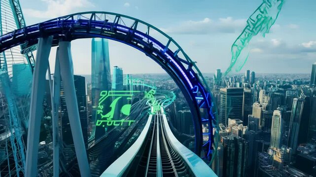 Witness a rollercoaster that visually represents the ups and downs of the crypto market, featuring Bitcoin symbols navigating thrilling loops while HOLD TIGHT appears in the sky.