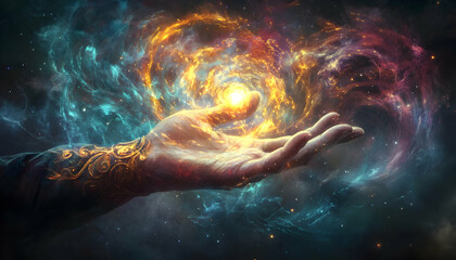Fototapeta premium A hand outstretched, glowing with magical energy, surrounded by a swirling nebula of light.