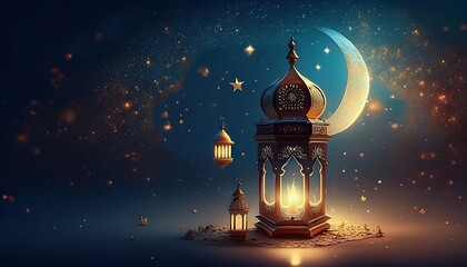Elegant Ramadan Kareem Background with Lanterns, Crescent Moon, and Floral Patterns in Gold and Blue