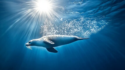 Naklejka premium Underwater view of a sea lion swimming gracefully through sunlit, blue ocean water, creating a trail of air bubbles as it ascends towards the surface