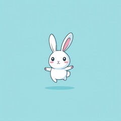 Obraz premium Cute white bunny jumping on light blue background
