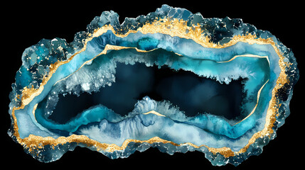 Obraz premium Watercolor turquoise and gold geode on black background, abstract mineral illustration for jewelry or home decor. crystalpath. illustration. Crystalpath. Illustration