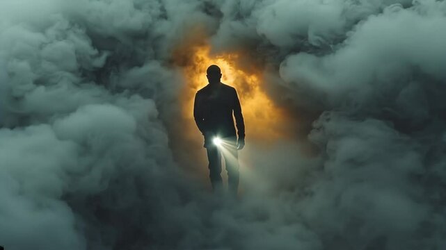 Mysterious figure exploring dimly lit haze with flashlight in an atmospheric setting