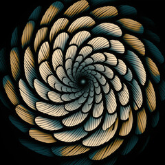 Abstract Spiral Design in Golden and Teal Tones on Black Background