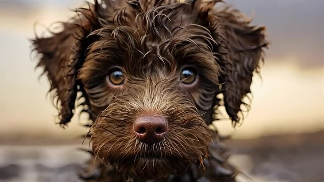 Wet lagotto romagnolo puppy emerging from water with seaweed on fur