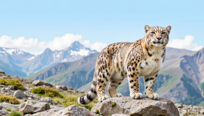 Fototapeta premium Snow leopard standing on rocks in mountainous terrain