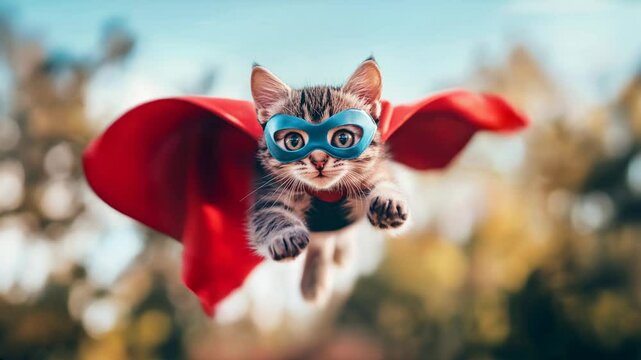 A playful tabby kitten wearing a superhero costume with a red cape and blue mask, flying in mid-air against a colorful outdoor background.