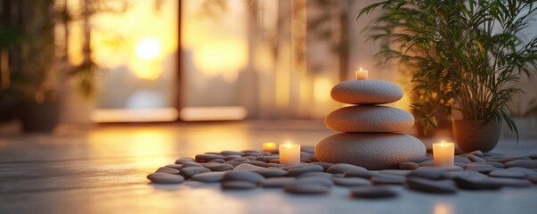 Tranquil spa setting with candles and smooth stones at sunset