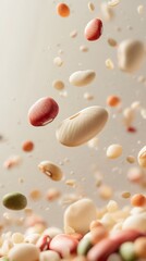 Colorful beans and legumes falling against a neutral background.