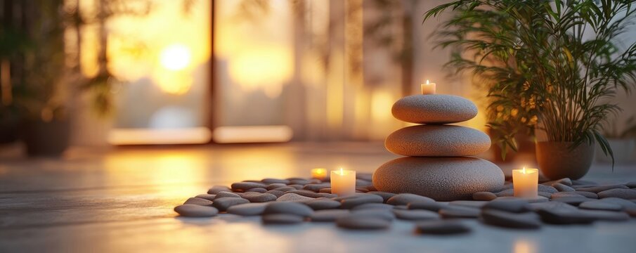 Tranquil spa setting with candles and smooth stones at sunset
