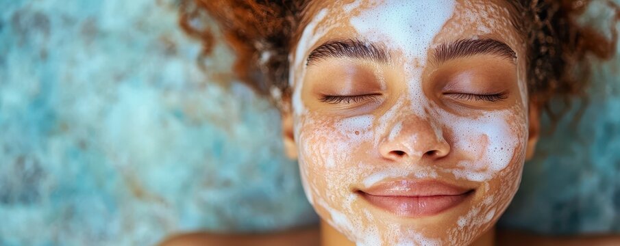 Young female enjoying skincare routine with foamy face wash