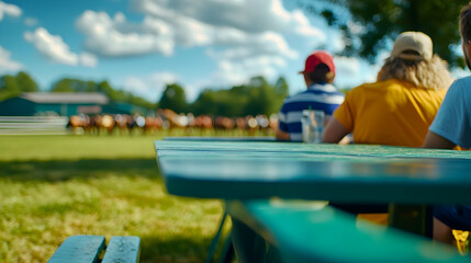 Friends relax at a picnic table, watching horses compete under a bright blue sky