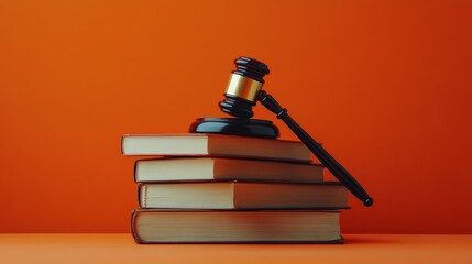 Gavel resting on stack of law books against orange background