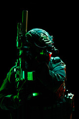 Soldier in tactical gear with night vision goggles holding a weapon