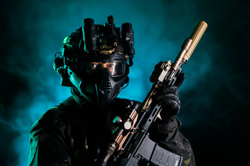 Special forces soldier in tactical gear posing with a modern rifle