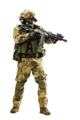 Military soldier in camouflage gear holding a rifle on white background