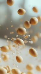 Soybeans falling in liquid, bubbles rising.