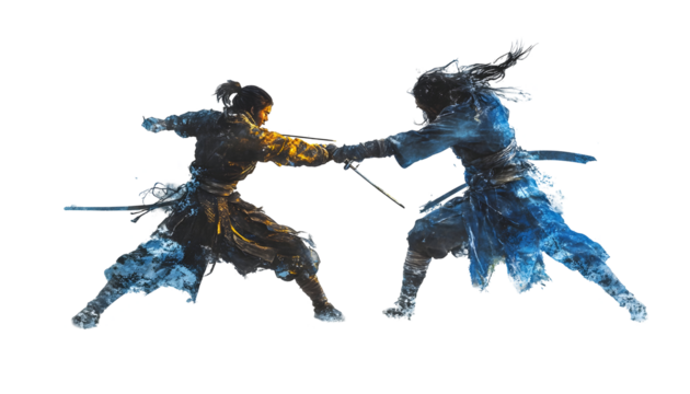 Fencers locked in a duel, frozen mid-action