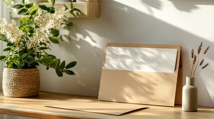 Sunlight illuminates craft envelope, stationery mockup, home office