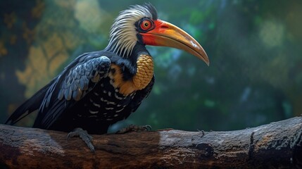 Obraz premium A Crowned Hornbill watches alertly Generative AI, Generative, AI