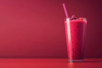 Red smoothie with raspberries and strawberries for a healthy diet. In a glass glass and with a straw. On a red background, with space for text